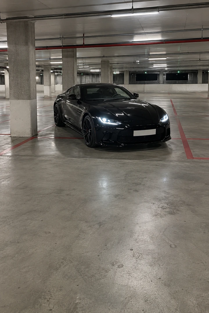 Black coupe, garage