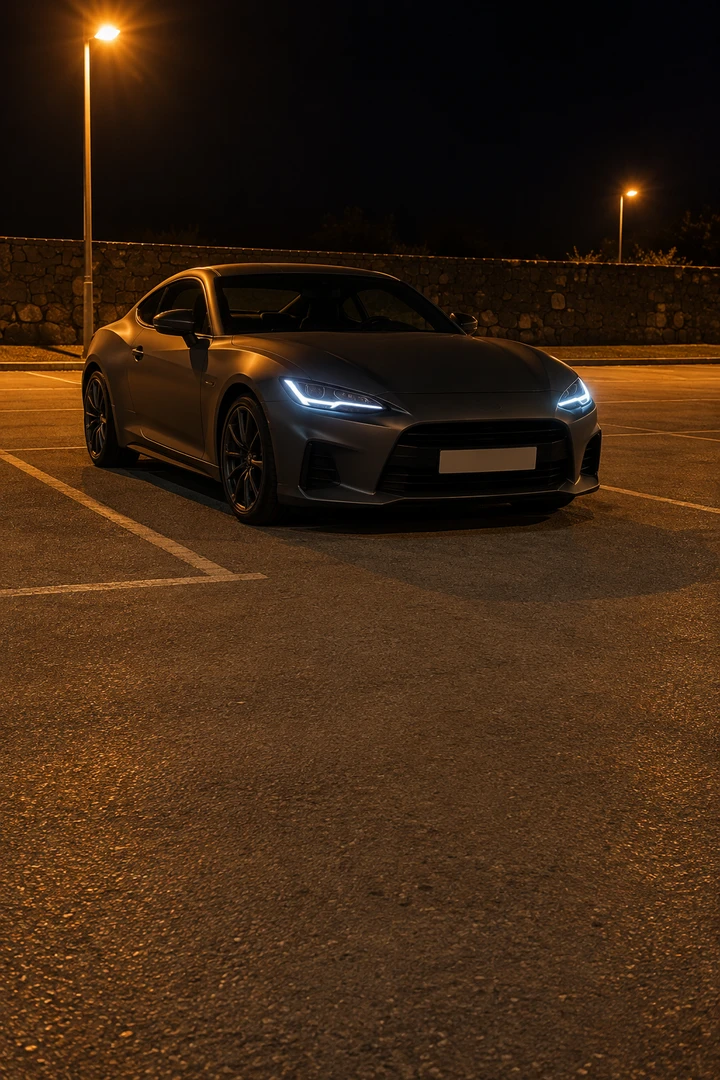 Grey coupe, night lot